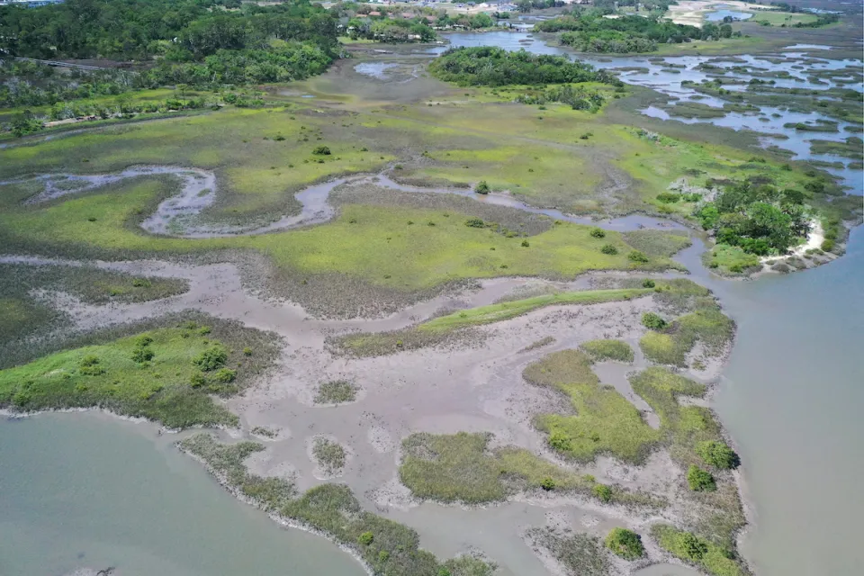 Aerial view of marshy land at Fort Mose State Historic Park in Florida.
